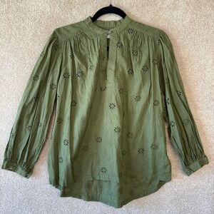 Trovata Birds of Pardis Eyelet Blouse Top Size Small Green Cotton Peasant